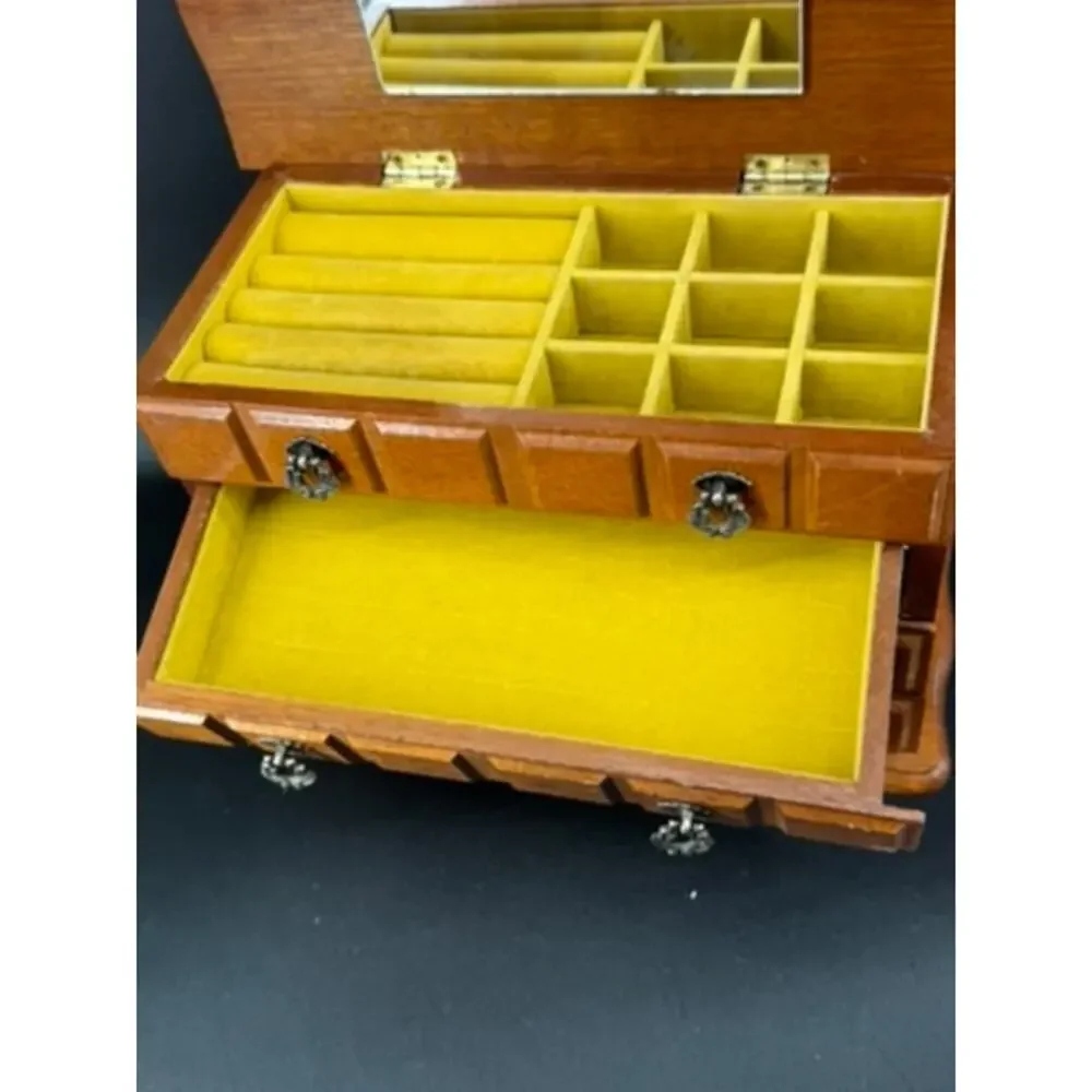 Vintage 1970s Centurion Wooden Musical Jewelry Box 3 Drawer Mirror Organizer